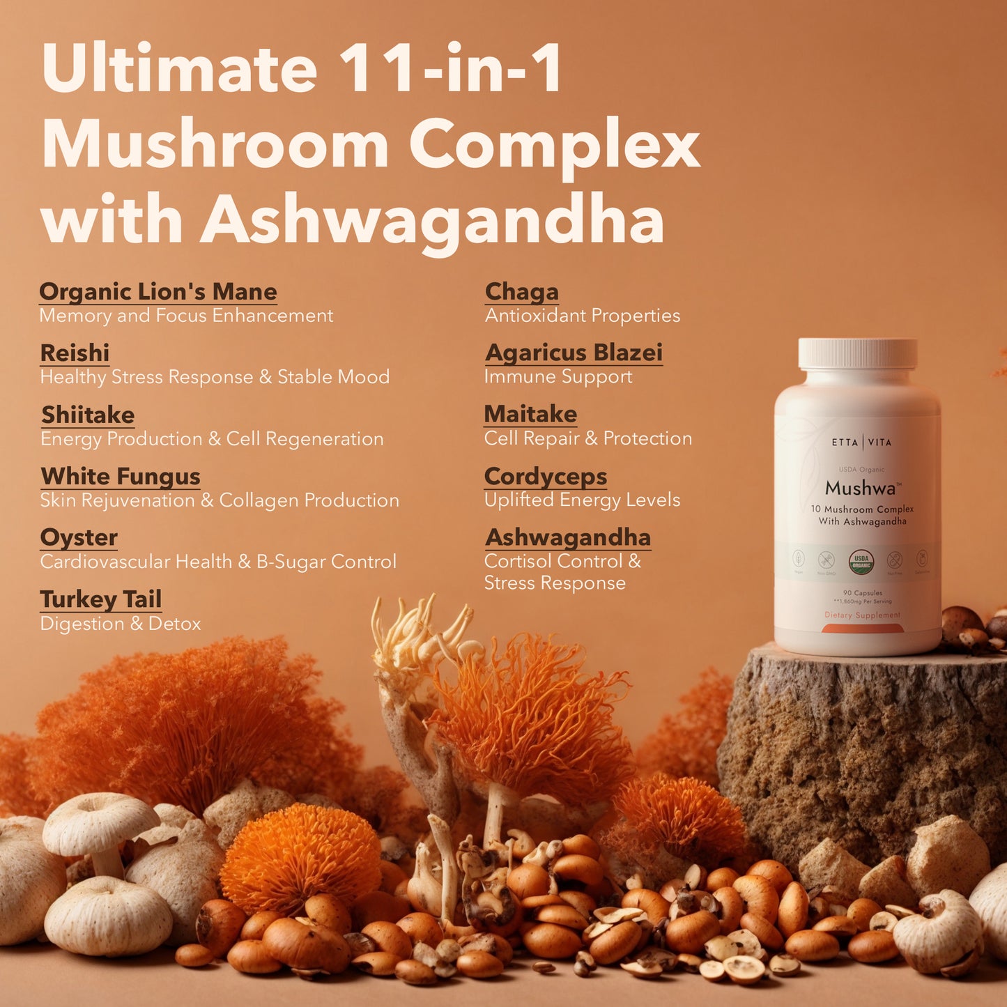USDA Organic Mushroom Complex with 10 Mushrooms & Ashwagandha