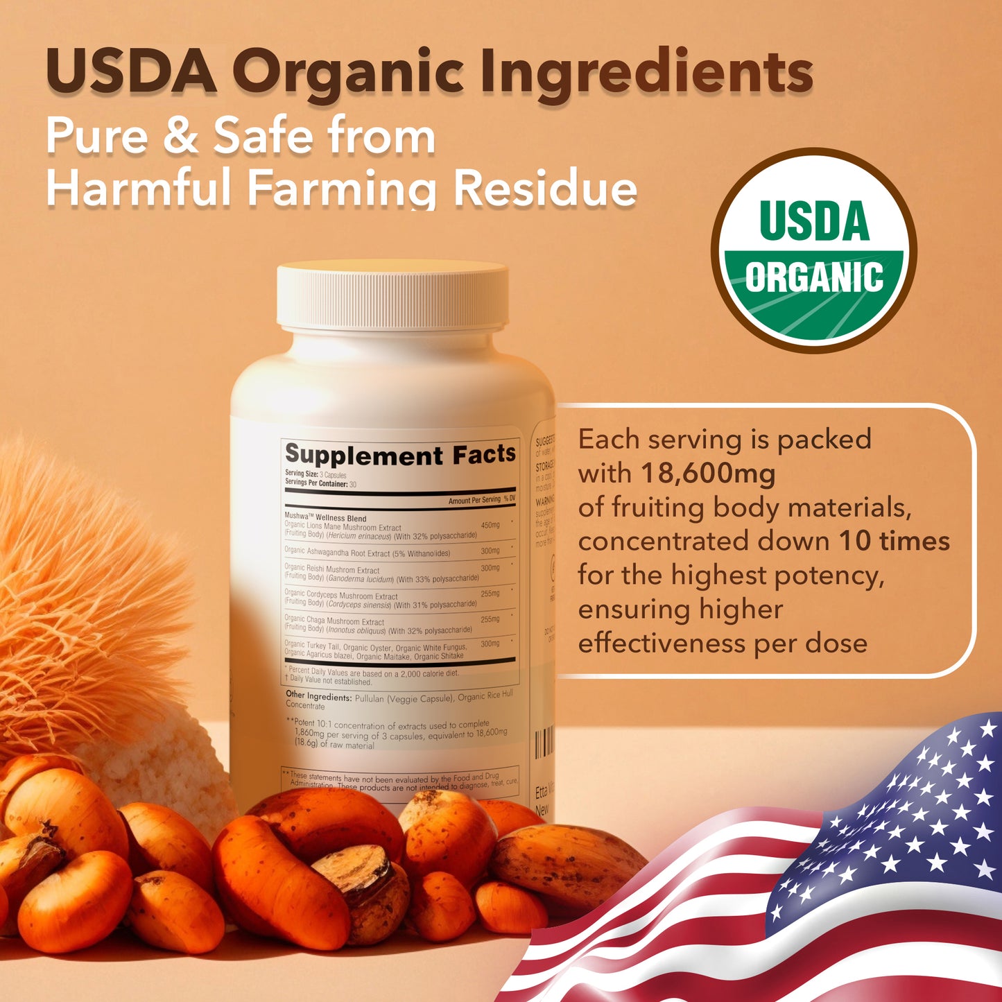 USDA Organic Mushroom Complex with 10 Mushrooms & Ashwagandha