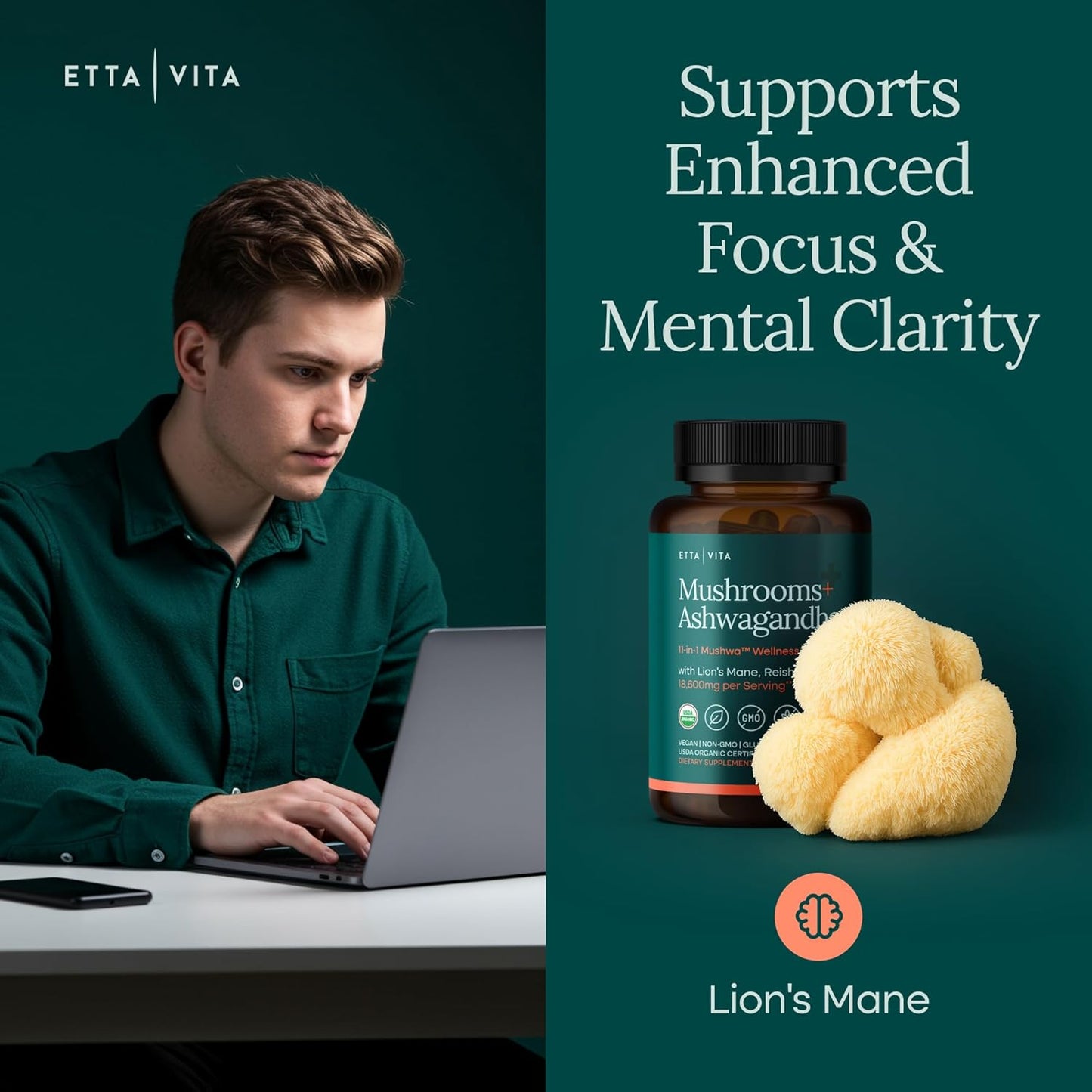 USDA Organic Mushroom Complex with 10 Mushrooms & Ashwagandha