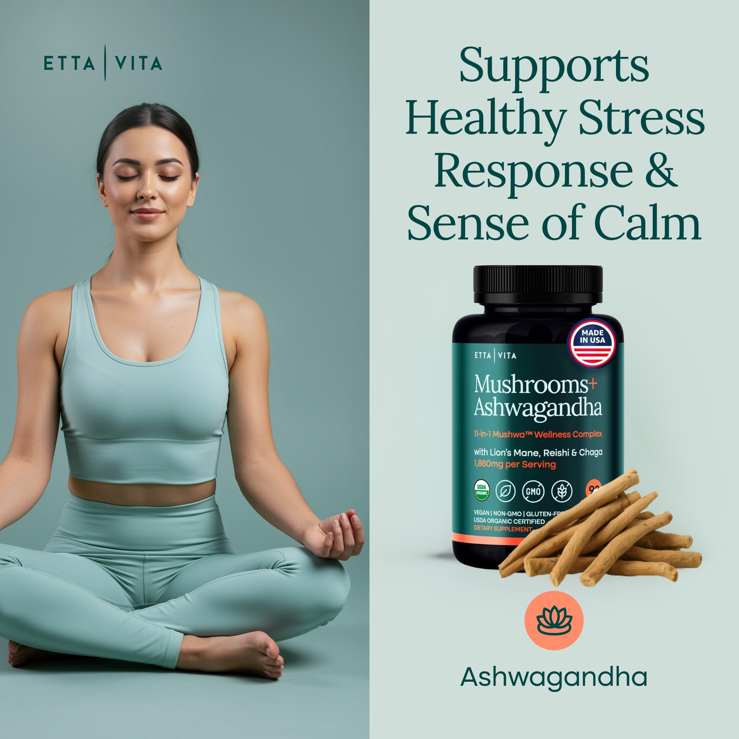 USDA Organic Lions Mane Supplement Capsules with Ashwagandha, Chaga, Reishi, Cordyceps, Turkey Tail