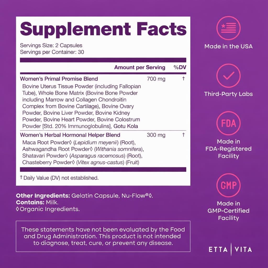 Primal Beef Organ Supplement for Women with Grass-Fed/Finished Ovary, Uterus, Liver, Kidney, Heart, Bone Matrix, Colostrum, Maca, Ashwagandha, Shatavari & Chasteberry - Energy Support Made in USA