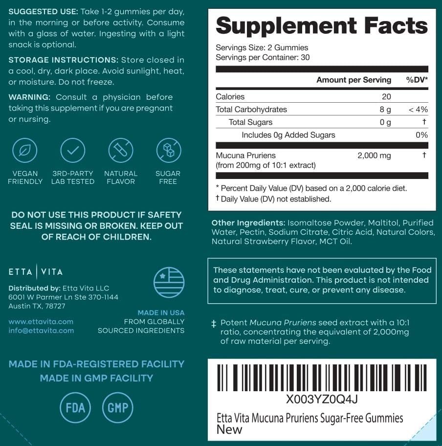 Dopamine Supplement - Sugar-Free Mucuna Pruriens Gummies (2g/serving) Energy & Focus Gummies - Potent Mucuna Pruriens Extract Supplement for Calm Mood and Motivation, Vegan, Non-GMO, Gluten-Free, 60ct