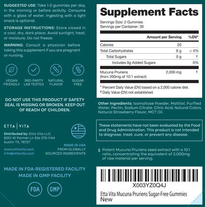 Dopamine Supplement - Sugar-Free Mucuna Pruriens Gummies (2g/serving) Energy & Focus Gummies - Potent Mucuna Pruriens Extract Supplement for Calm Mood and Motivation, Vegan, Non-GMO, Gluten-Free, 60ct