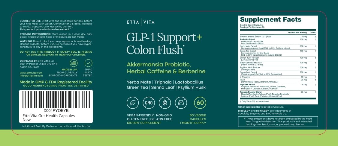 GLP-1 Support + Triphala Colon Cleanse – Gut Health & Energy – Berberine, Akkermansia Probiotic, Yerba Mate, Psyllium Husk, Senna Leaf for Women & Men 60ct