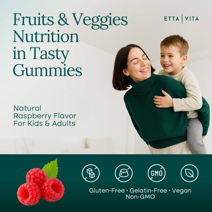 (120 Chews) Fruits and Veggies Supplement - Super Greens Gummies (9 Superfruits & 30 Veggies) Mushrooms, Fruit and Vegetable Vitamins, Non-GMO, Pectin-Based, Gluten-Free, No Capsules