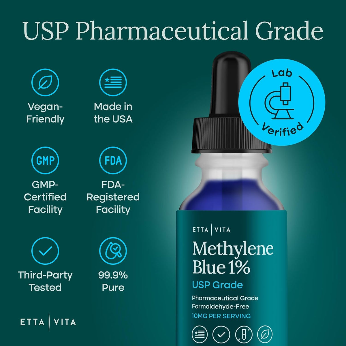 Methylene Blue Pharmaceutical Grade 99.99% Pure 1% Solution, 2oz Tincture