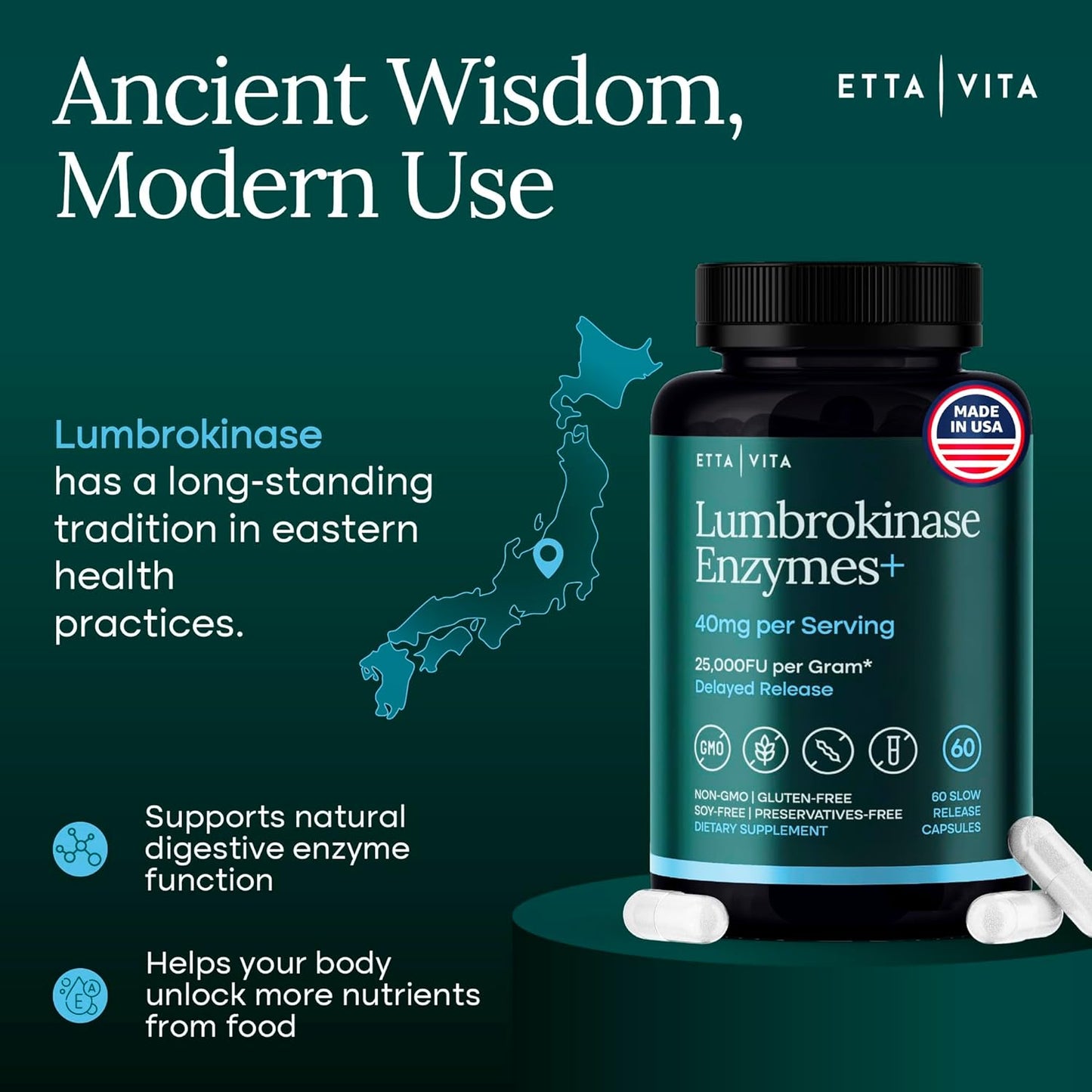 Potent Lumbrokinase Supplement 40mg/Serving (Max Activity - 800,000 Units) - Lumbrokinase Enzymes Capsules for Energy Support, Digestion, Detox, Cognition & Gut Health - Similar to Nattokinase