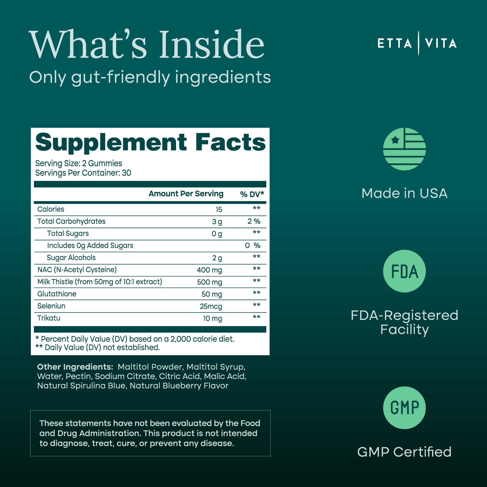 Ingredient list for Sugar-Free NAC Gummies, N-Acetyl Cysteine Supplement with Milk Thistle, Glutathione, & Selenium