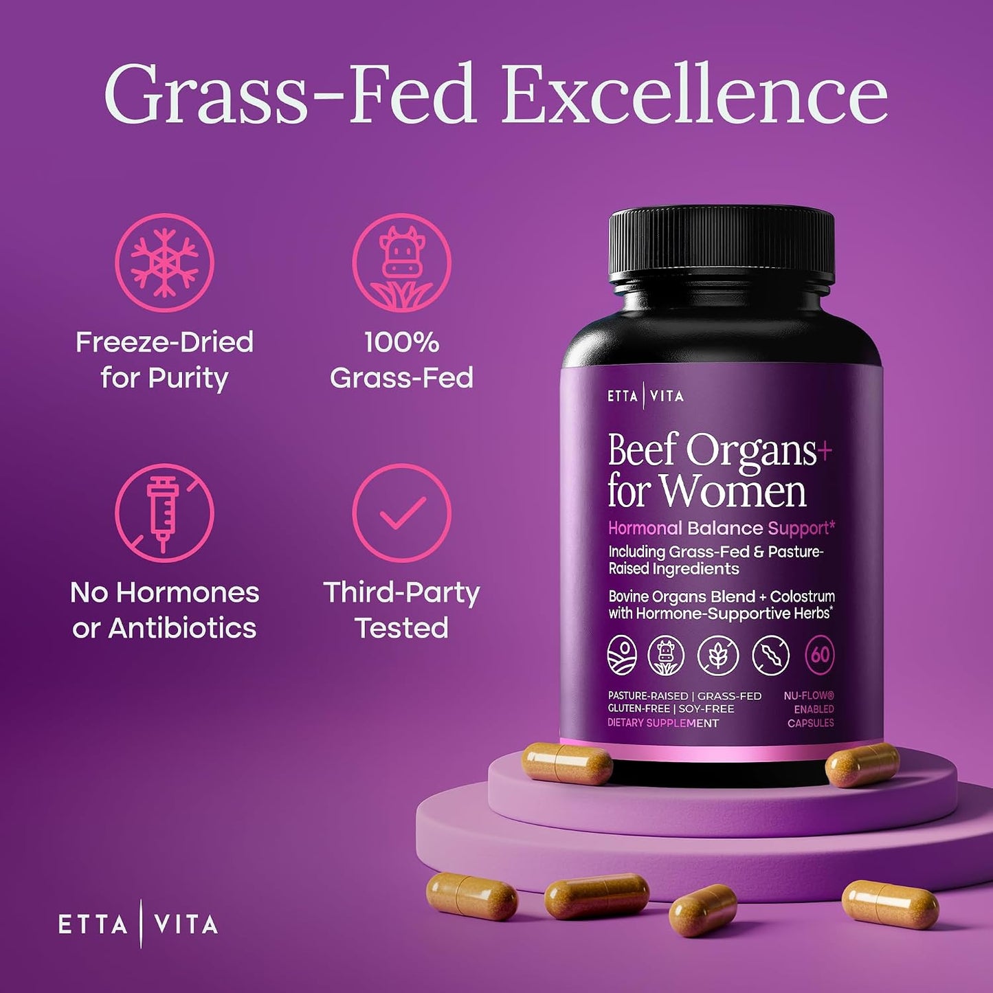 Primal Beef Organ Supplement for Women - Made with Grass-Fed/Finished Organs: Ovary, Uterus, Liver, Kidney, Heart, Bone Matrix, Colostrum, Maca, Ashwagandha, Shatavari & Chasteberry - Energy Support Made in USA