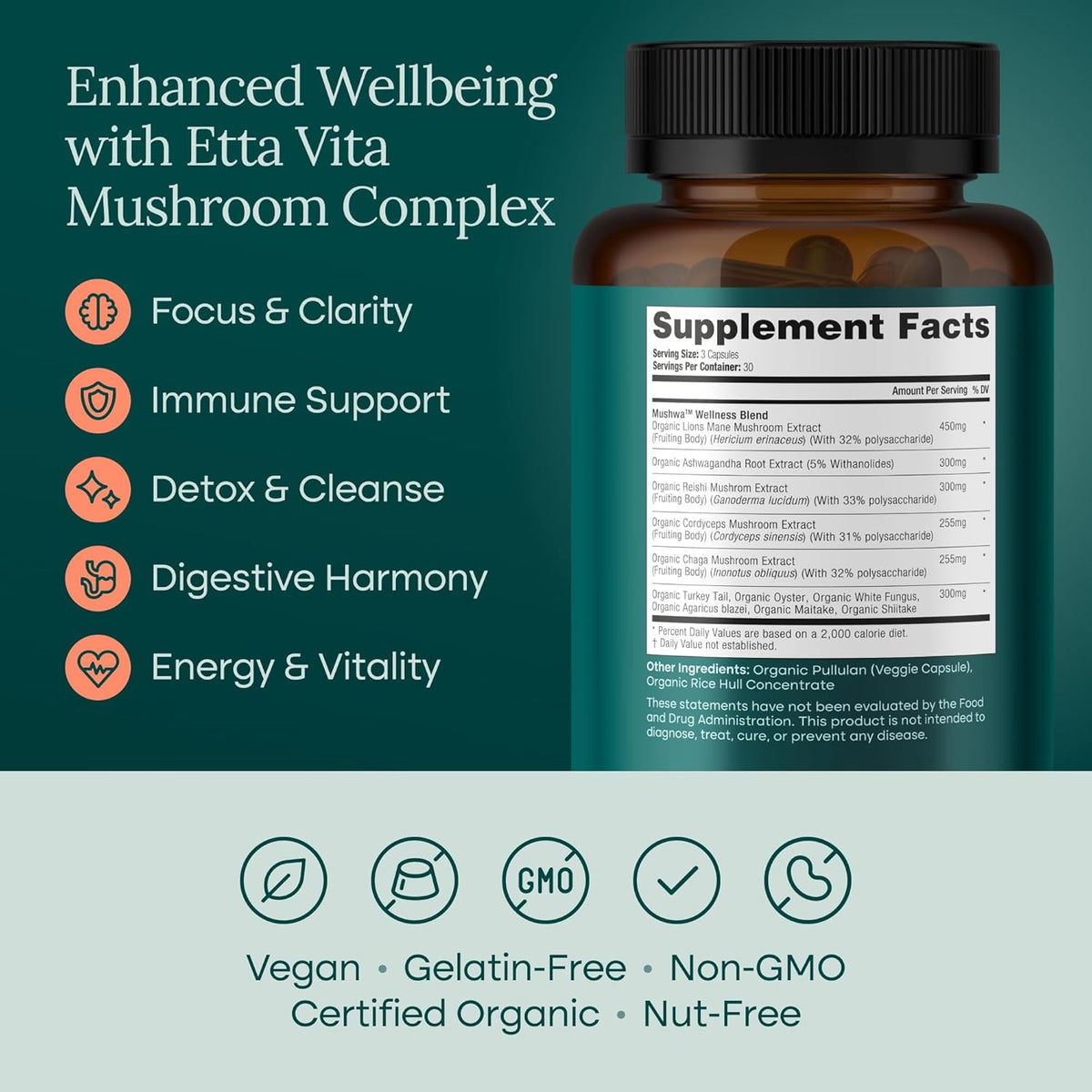 USDA Organic Lions Mane Supplement Capsule, 11-in1 Mushroom Complex 90ct