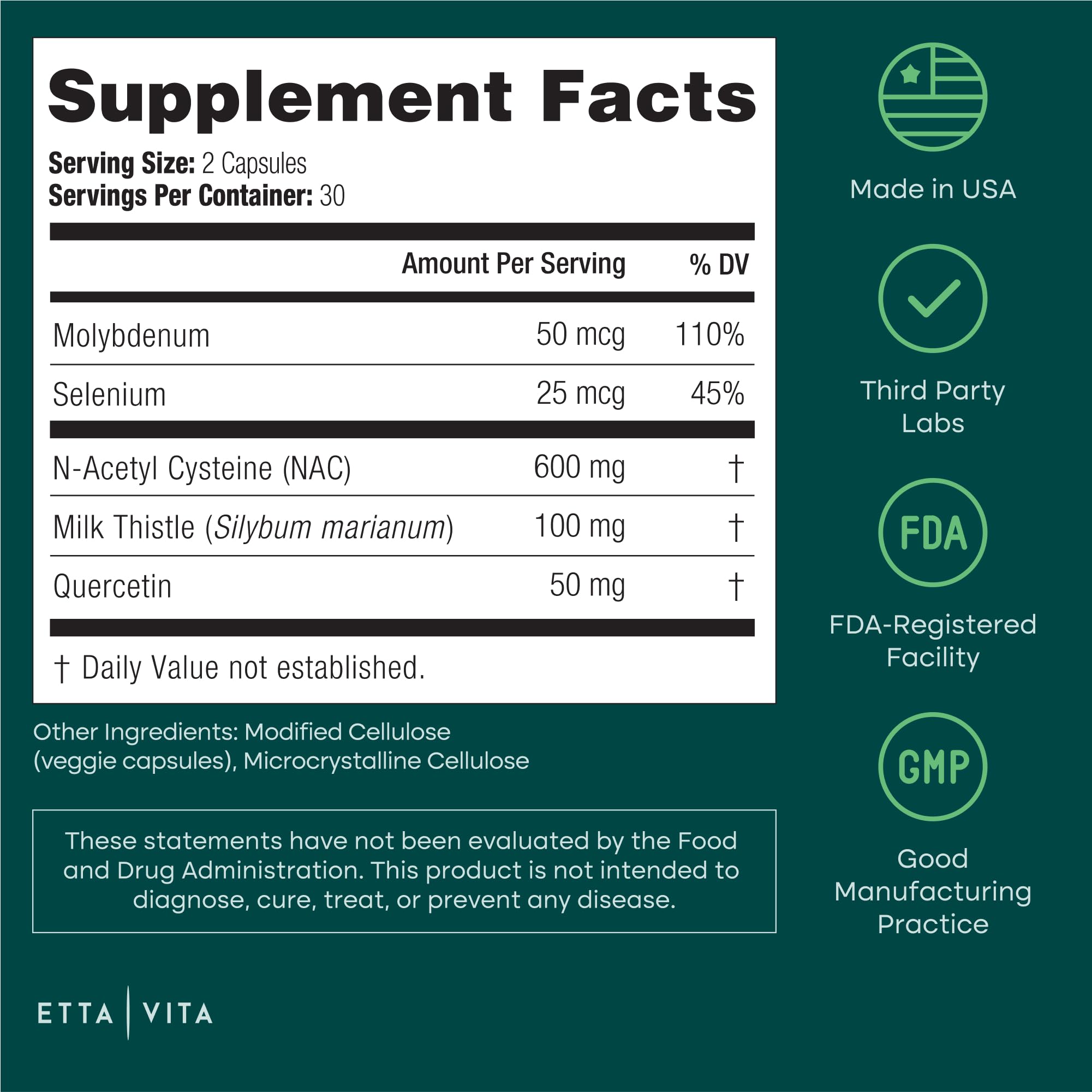 Ingredient list for NAC Supplement N-Acetyl Cysteine 600mg with Quercetin, Milk Thistle, Molybdenum & Selenium