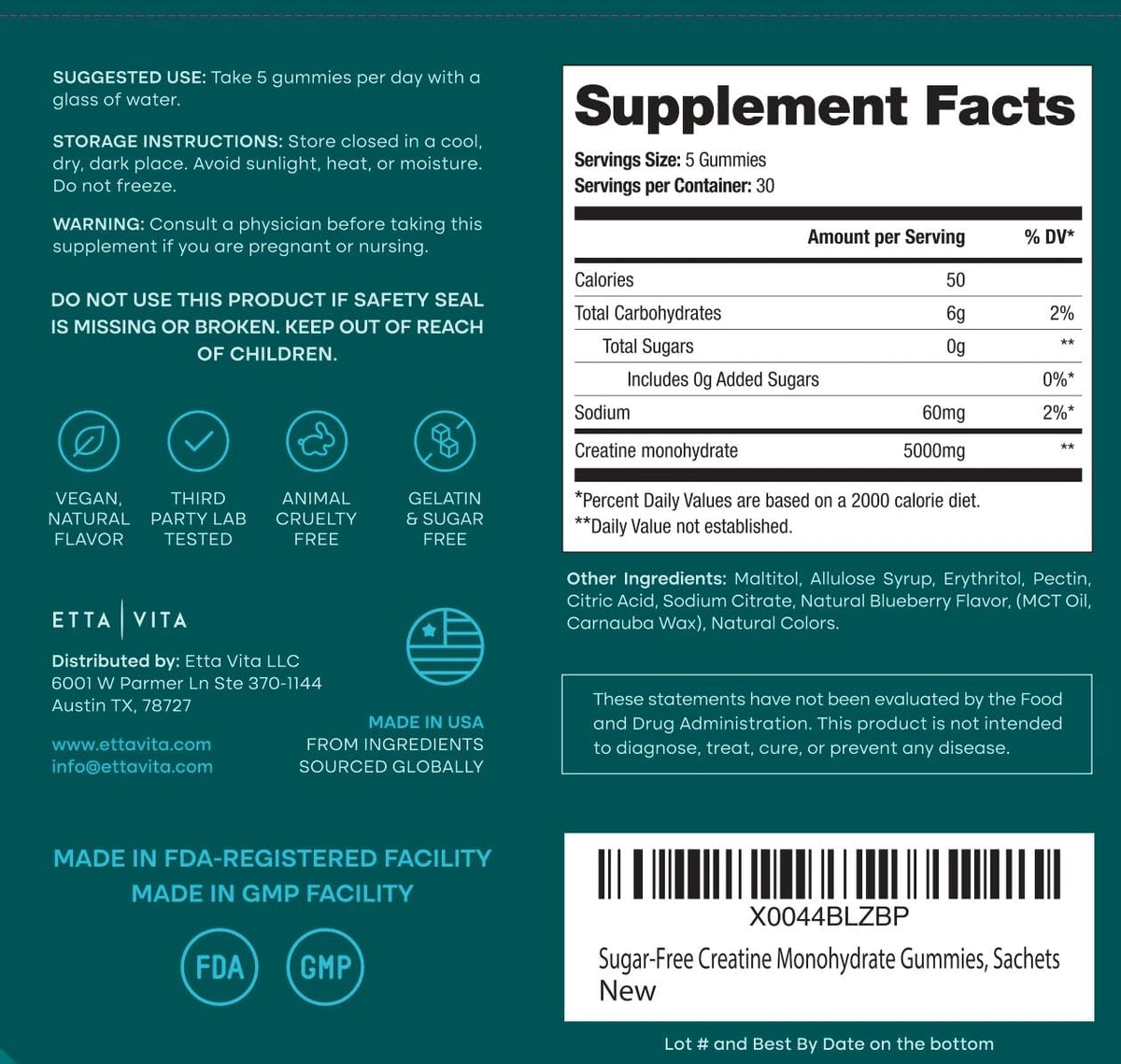 Sugar-Free Creatine Gummies for Women and Men (5g Per Serving), 150 Chews
