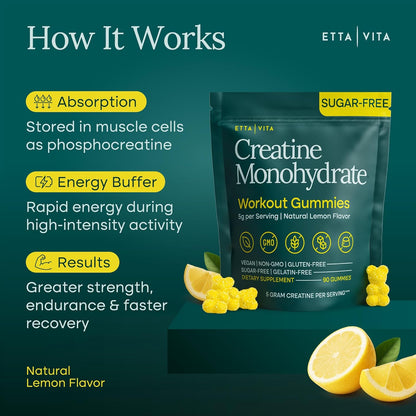 Sugar-Free Creatine Monohydrate Gummies 5gram per Serving, Potent Creatine Gummies for Women & Men, Supplement for Muscle Support, Cellular Energy & Cognitive Function [Lemon Drops Candy Flavor]