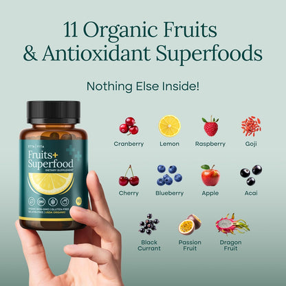 Organic Fruits & Veggies Capsules – Daily Whole Food Nutrition for Energy & Wellness – 180 Vegan Capsules