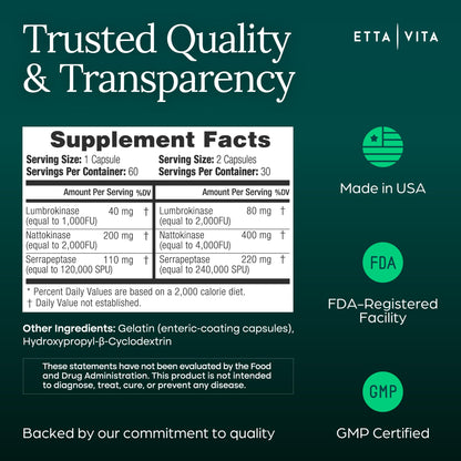 Potent Nattokinase 4000 FU Serrapeptase 240000 SPU Lumbrokinase 2000 FU Supplement