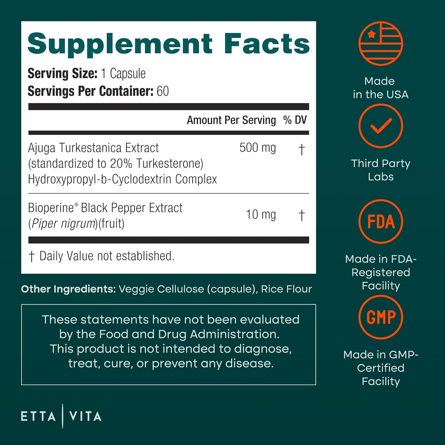 Turkesterone Suppelement 500mg, 20% Standardized Ajuga Turkestanica with BioPerine & Cyclodextrin, Enhanced Absorption for Energy, Strength & Recovery, Vegan, Non-GMO, 3rd Party Tested, 60 Capsules