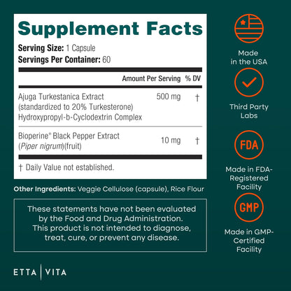 Turkesterone Suppelement 500mg, 20% Standardized Ajuga Turkestanica with BioPerine & Cyclodextrin, Enhanced Absorption for Energy, Strength & Recovery, Vegan, Non-GMO, 3rd Party Tested, 60 Capsules
