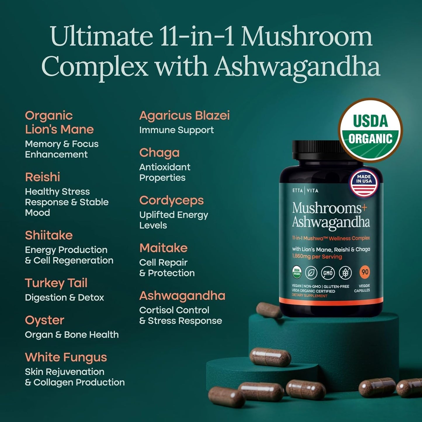 USDA Organic Lions Mane Supplement Capsule, 11-in1 Mushroom Complex 90ct
