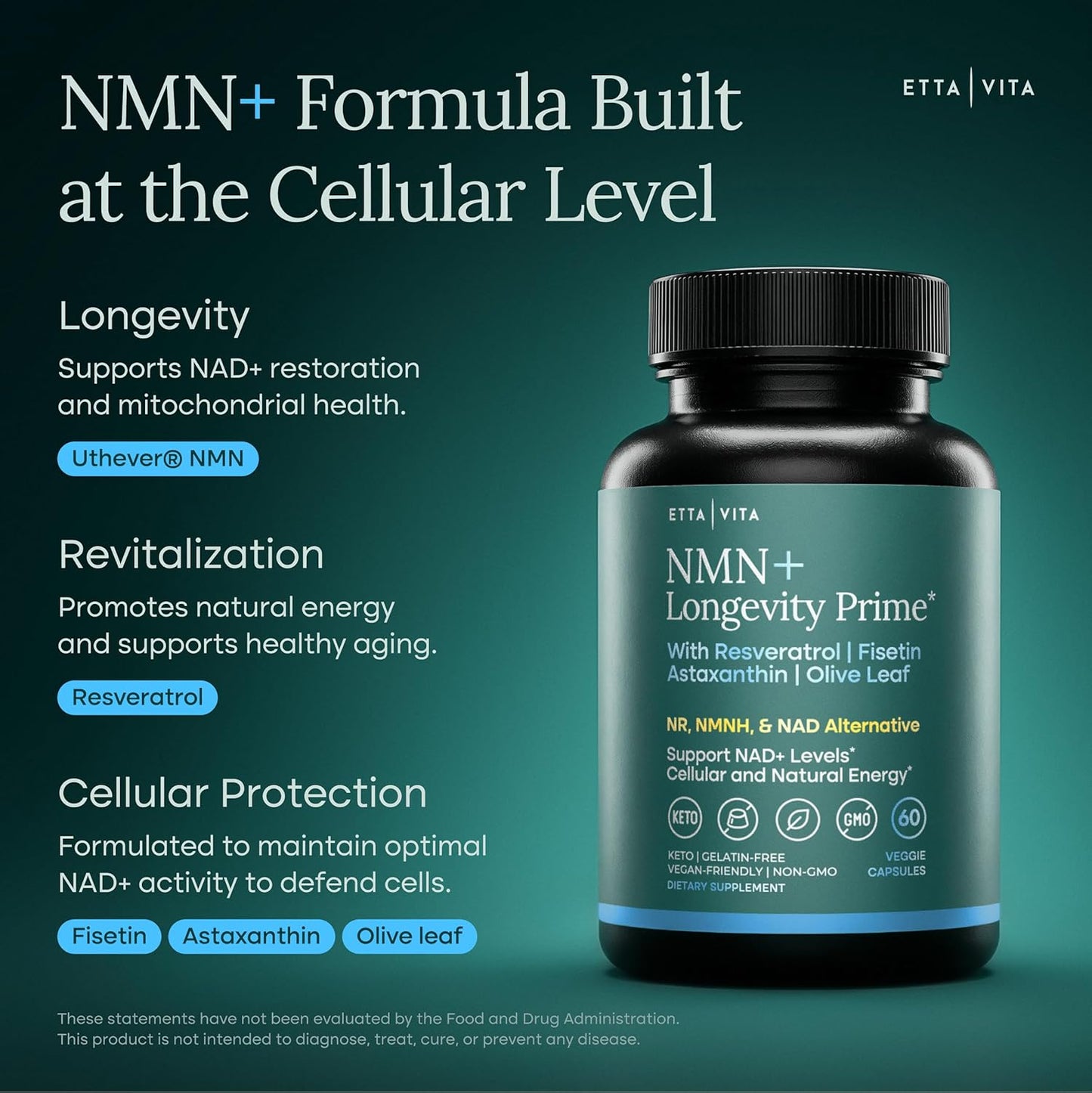NMN Supplement (5-in-1) NAD+ Booster with Resveratrol - Cellular Energy, Focus & Healthy Aging Support for Men and Women - Mitochondria Formula w Fisetin, Astaxanthin, Olive Leaf, Vegan, Made in USA