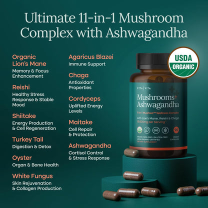 USDA Organic Mushroom Complex with 10 Mushrooms & Ashwagandha
