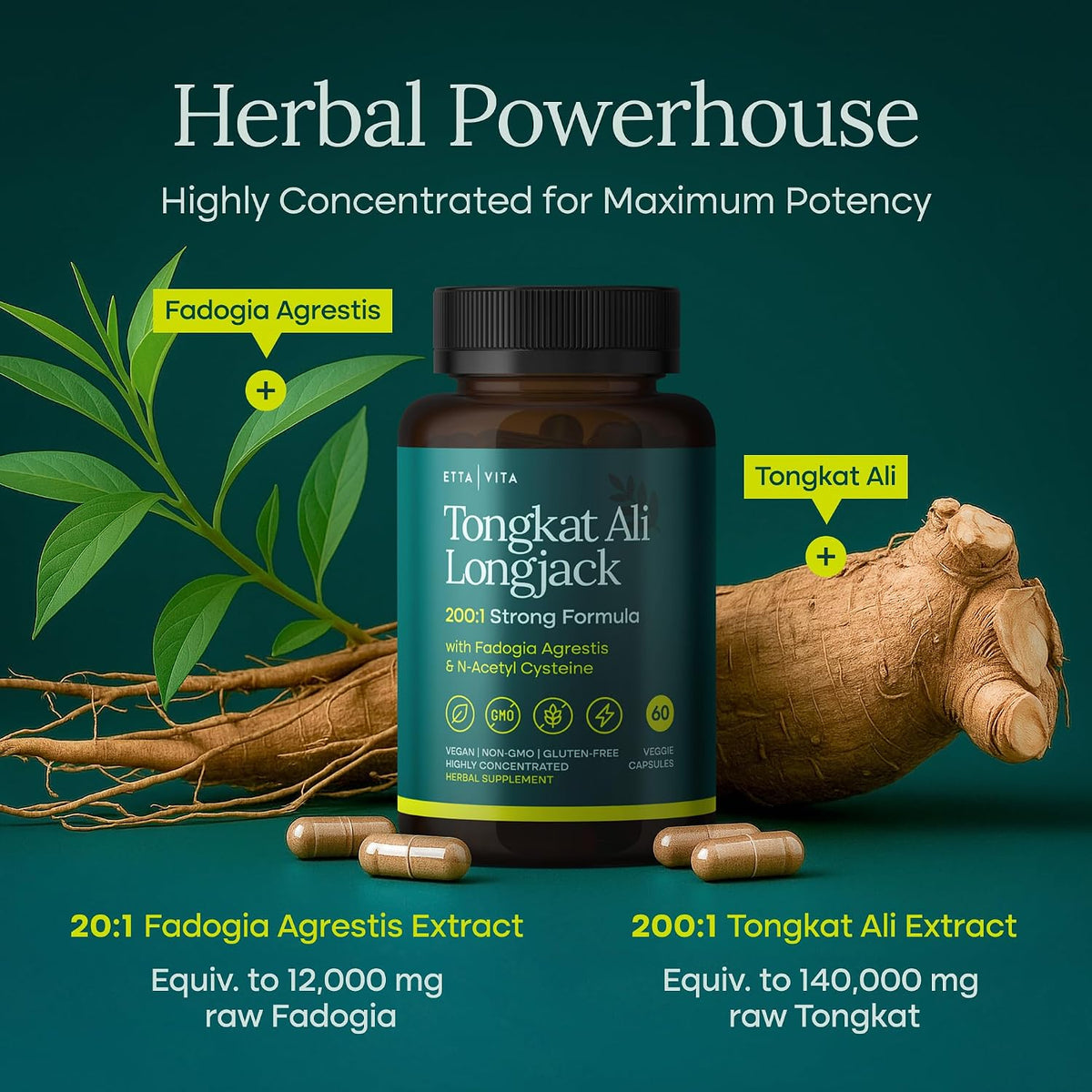 Testosterone Booster for Men with Tongkat Ali & Fadogia Agrestis [200:1 Longjack] - Lean Muscle Recovery for Men and Women, Hormonal Balance with NAC Liver Support, Detox & Cleanse, 60ct (Made in USA)