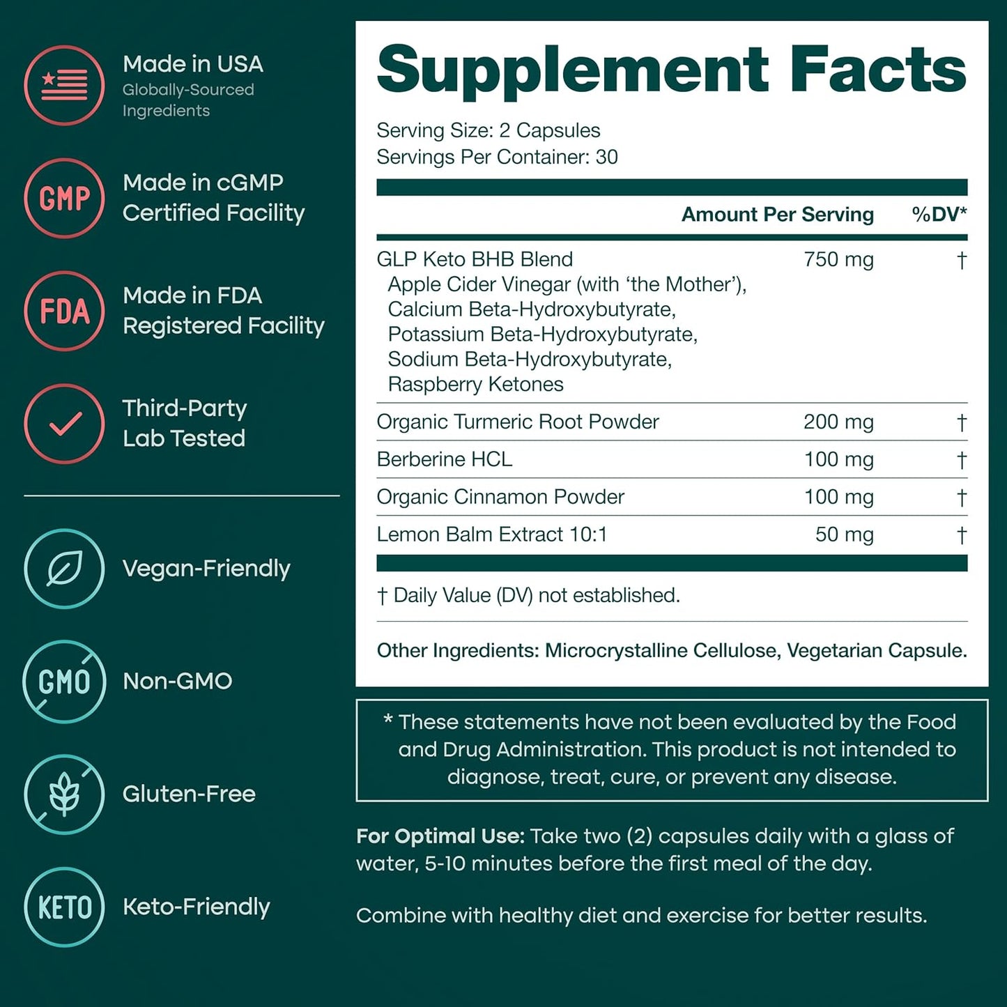 Natural GLP-1 Supplement for Women and Men - Metabolic Health - With BHB Ketones, Apple Cider Vinegar, Berberine HCL, Organic Turmeric, and Organic Cinnamon - Made in USA