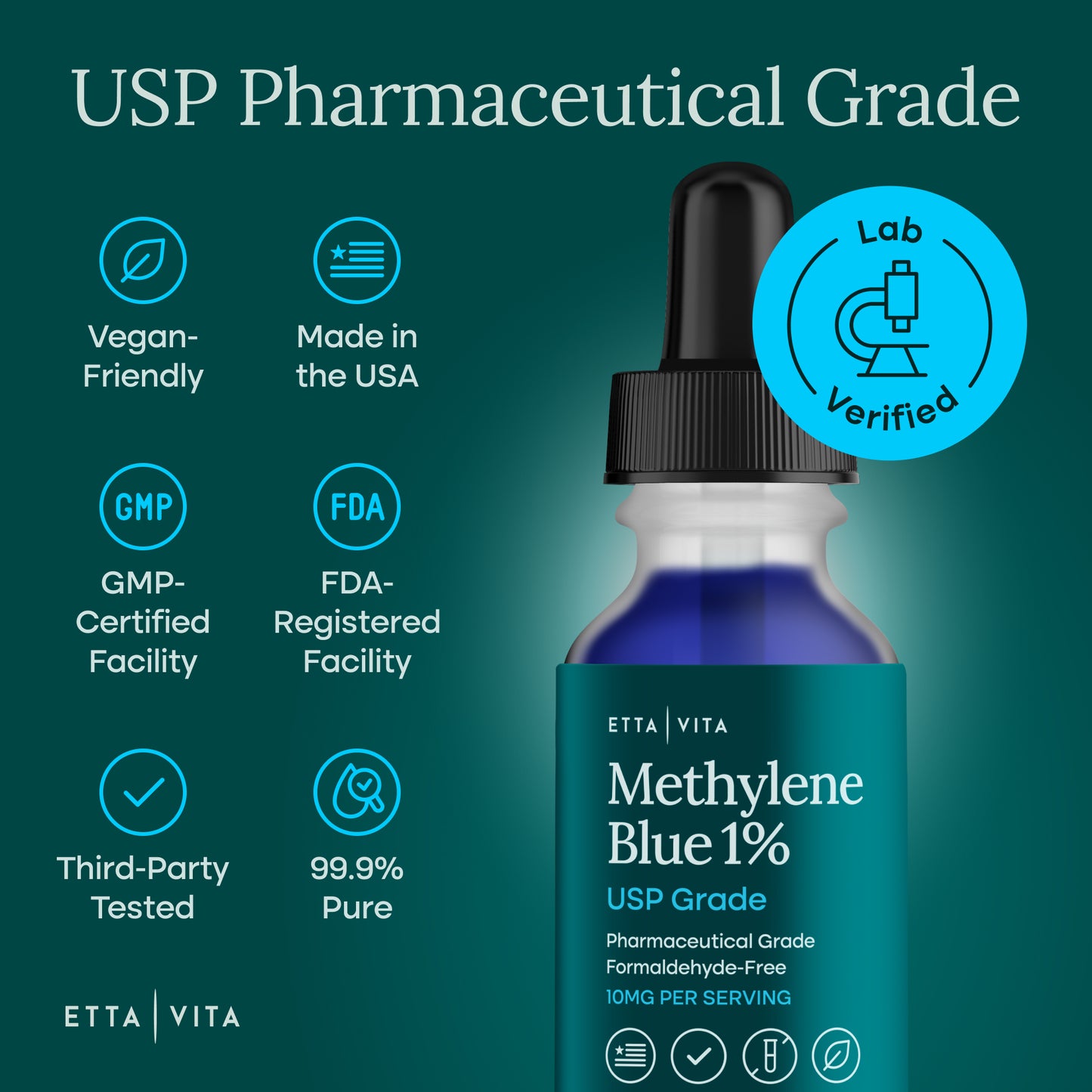 Methylene Blue Drops 1% Solution – 10mg per Serving, Pharmaceutical Grade Liquid Supplement for Focus, Energy & Mental Clarity – Third-Party Tested, Formaldehyde-Free, Made in USA