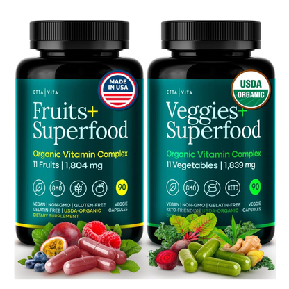 Organic Fruits & Veggies Capsules – Daily Whole Food Nutrition for Energy & Wellness – 180 Vegan Capsules