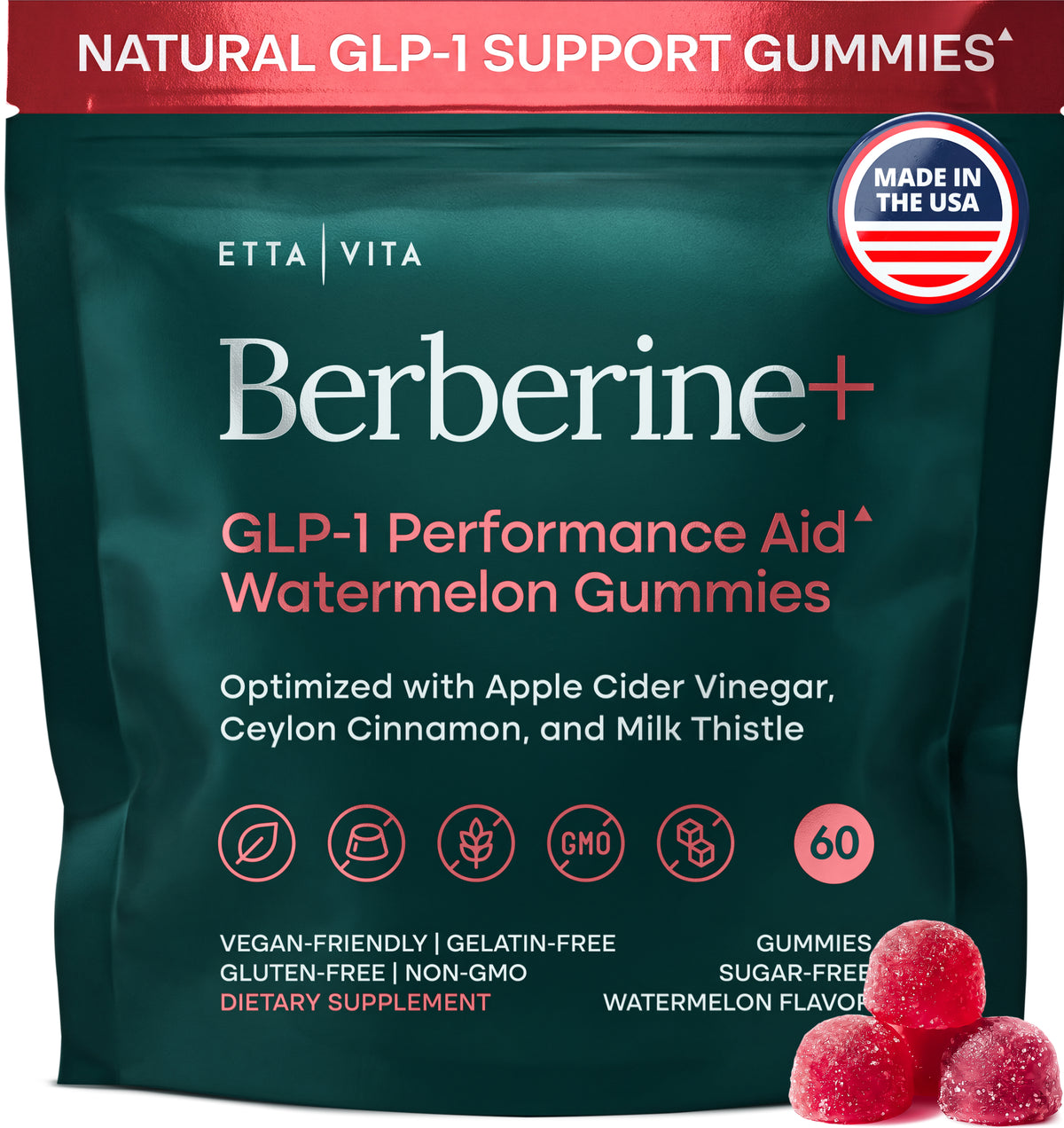 Berberine Watermelon Gummies with ACV, Ceylon Cinnamon, and Milk Thistle