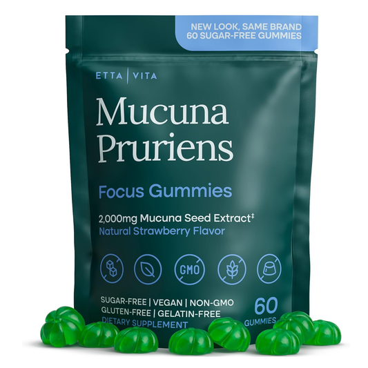 Sugar-Free Mucuna Pruriens Gummies (2g/serving) Strawberry Flavor, 60 Chews. This product is a dietary supplement in the form of 60 sugar-free gummies, packaged in a dark green, resealable pouch