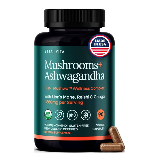 USDA Organic Mushroom Complex with Lions Mane & Ashwagandha [1,860mg], 11 in 1 Fruiting Body Extract, Reishi, Cordyceps, Chaga & Turkey Tail, Focus, Immune & Stress Support, 90 Vegan Capsules