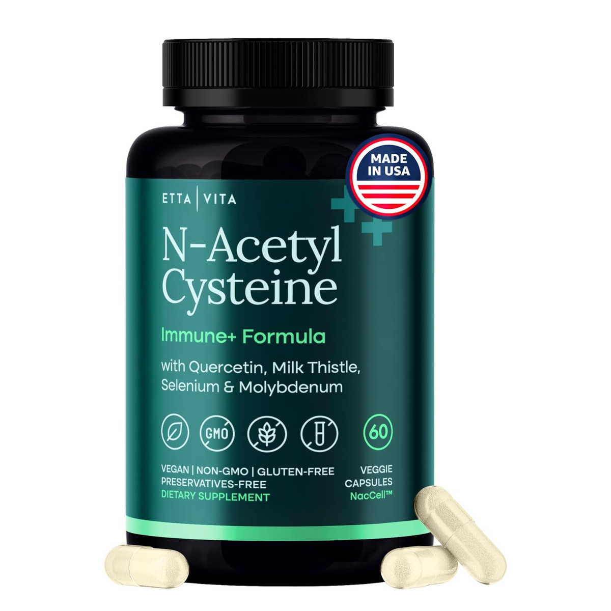NAC Supplement N-Acetyl Cysteine 600mg - Liver & Immune Support 60 Capsules. This product is a dietary supplement featuring a black plastic bottle with a black screw-top lid and three light-colored veggie capsules placed in front