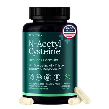 NAC Supplement N-Acetyl Cysteine 600mg - Liver & Immune Support 60 Capsules. This product is a dietary supplement featuring a black plastic bottle with a black screw-top lid and three light-colored veggie capsules placed in front