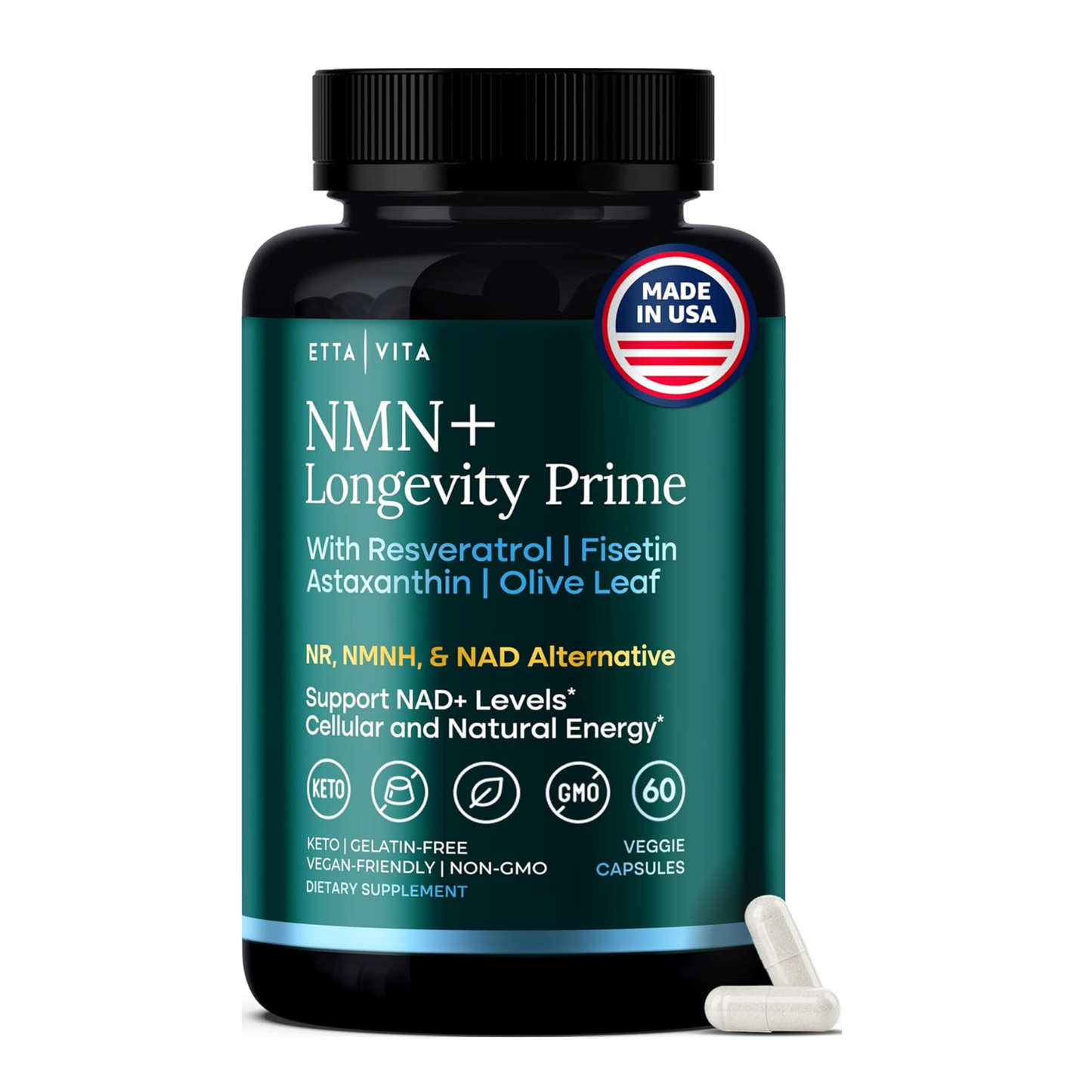 NMN Supplement (5-in-1) NAD+ Booster with Resveratrol - Cellular Energy, Focus & Healthy Aging Support for Men and Women - Mitochondria Formula w Fisetin, Astaxanthin, Olive Leaf, Vegan, Made in USA