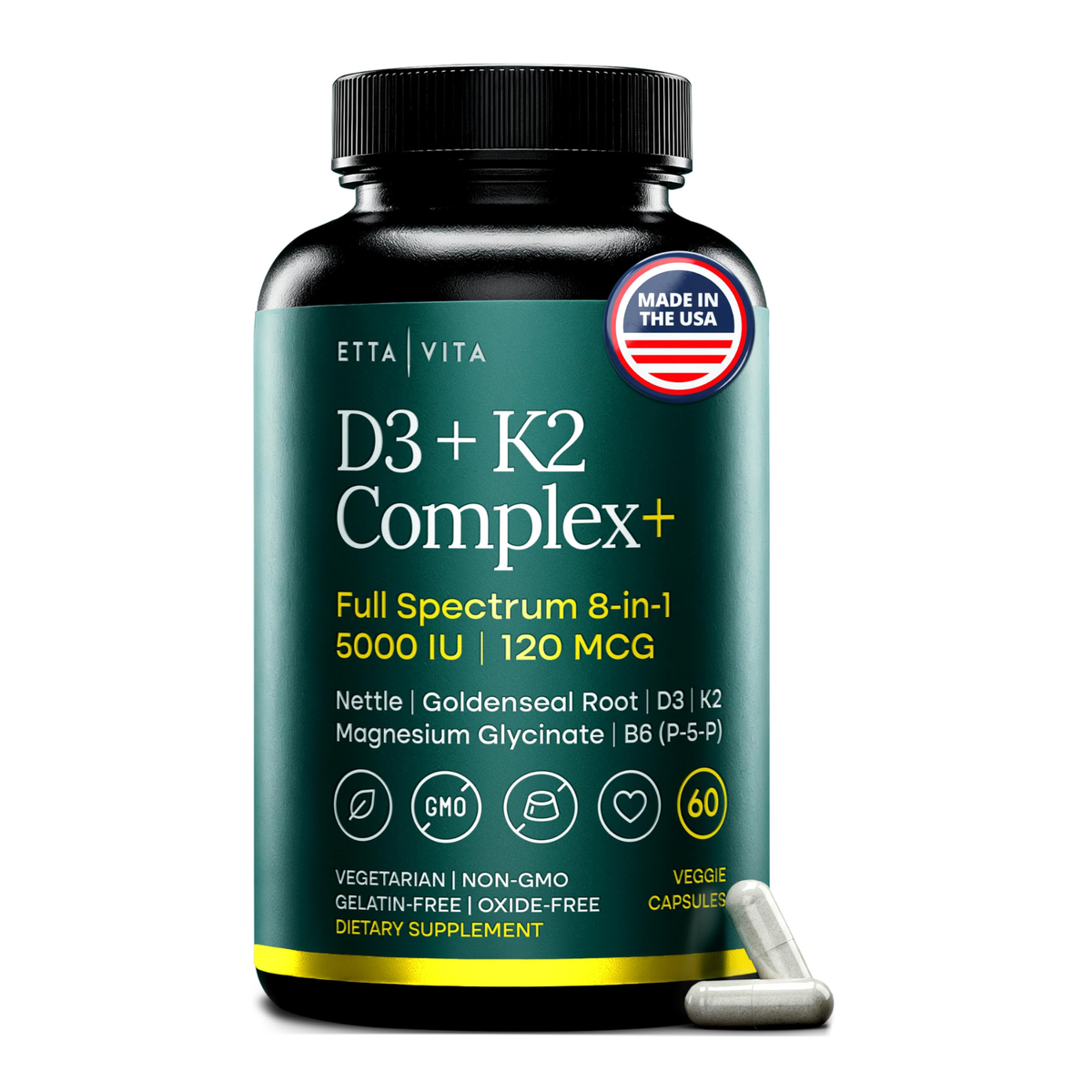 Vitamin D3 K2 Capsules, Adjustable 2500 or 5000 IU Dose, K2 MK-7 120mcg with Magnesium Glycinate, Zinc, Calcium & Vitamin B6, Bone, Immune & Muscle Support for Men & Women, 60 Vegetable Capsules