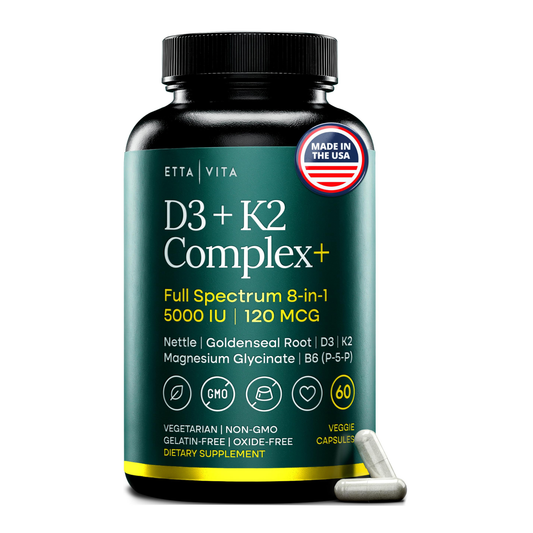 Vitamin D3 K2 Capsules, Adjustable 2500 or 5000 IU Dose, K2 MK-7 120mcg with Magnesium Glycinate, Zinc, Calcium & Vitamin B6, Bone, Immune & Muscle Support for Men & Women, 60 Vegetable Capsules