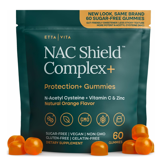 Sugar-Free NAC Gummies for Kids and Adults with Vitamin C & Zinc - 60 Chews. This product is a dietary supplement in the form of 60 orange-colored, gummy-style vitamins packaged in a dark teal, resealable pouch