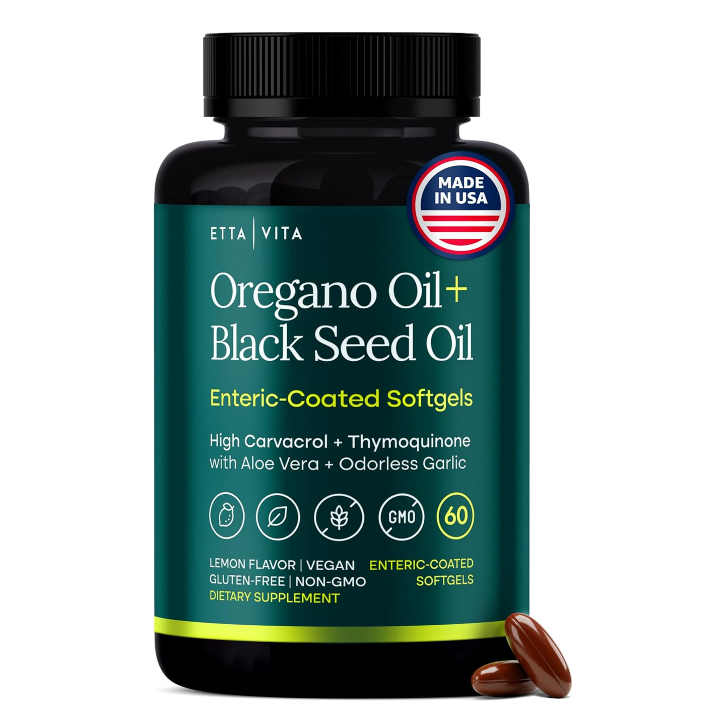 Oil of Oregano with Black Seed Oil, Enteric Coated Vegan Softgels, No Burps | High-Carvacrol Oil of Oregano with Black Seed Oil, Thymoquinone, Allicin & Aloe Vera - Supports Immunity & Gut Health, 60ct