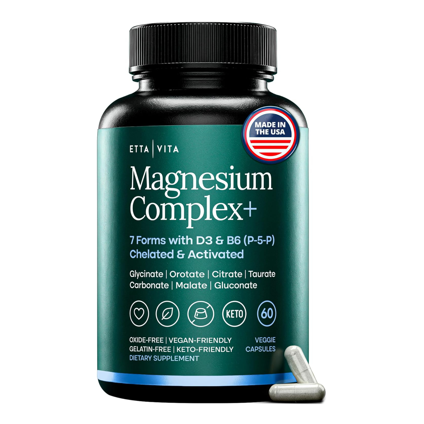 Magnesium Complex for Women & Men 500mg (7-in-1) with Vit D3 & B6 - 60 Ct. This product is a dietary supplement in the form of a bottle of 60 veggie capsules