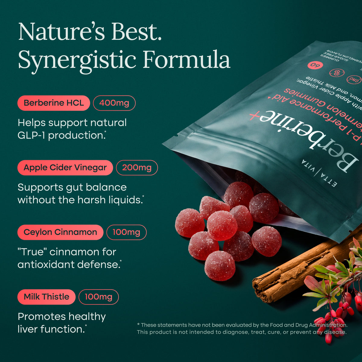 Berberine Watermelon Gummies with ACV, Ceylon Cinnamon, and Milk Thistle