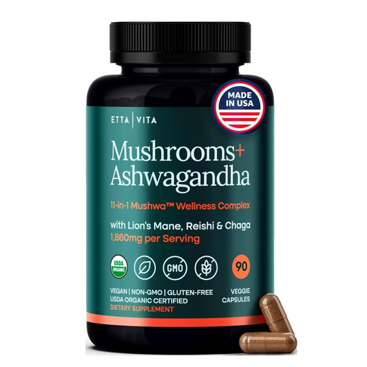 USDA Organic Lions Mane Supplement Capsules with Ashwagandha, Chaga, Reishi, Cordyceps, Turkey Tail
