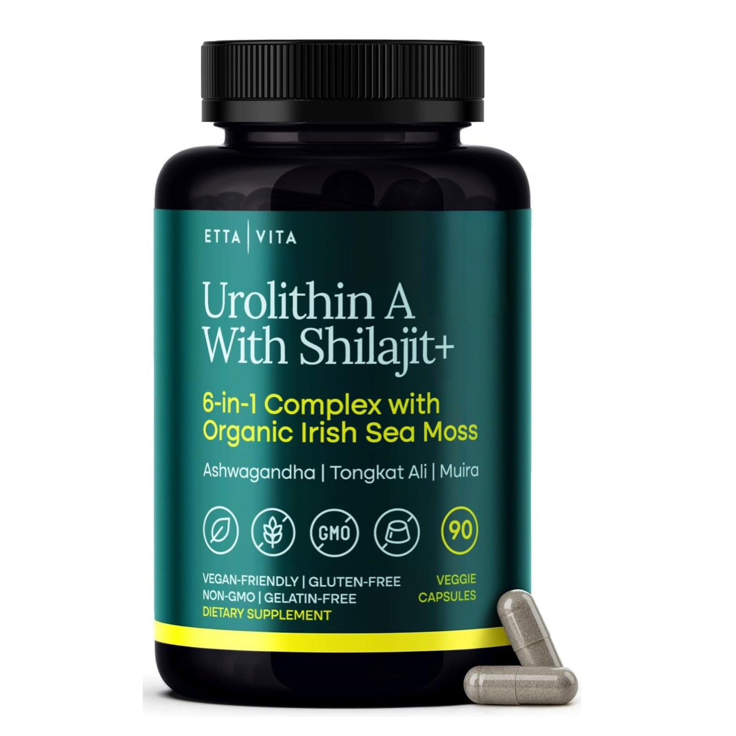 Urolithin-A Complex with Shilajit, Sea Moss, Ashwagandha & Tongkat Ali 90Ct. This product is a dietary supplement in the form of veggie capsules, packaged in a black plastic bottle with a screw-top lid
