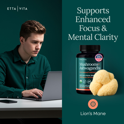 USDA Organic Lions Mane Supplement Capsules with Ashwagandha, Chaga, Reishi, Cordyceps, Turkey Tail